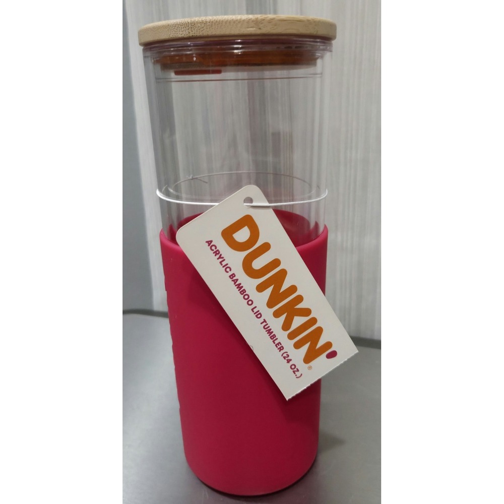 Dunkin Donuts 24oz Bamboo Tumbler Pink Silicone Sleeve Coffee Tea‎ Hot Cold 2025